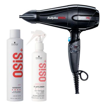 Babyliss PRO Caruso HQ Föhn + Schwarzkopf OSiS+ Flatliner 200ml + Session Hairspray 500ml